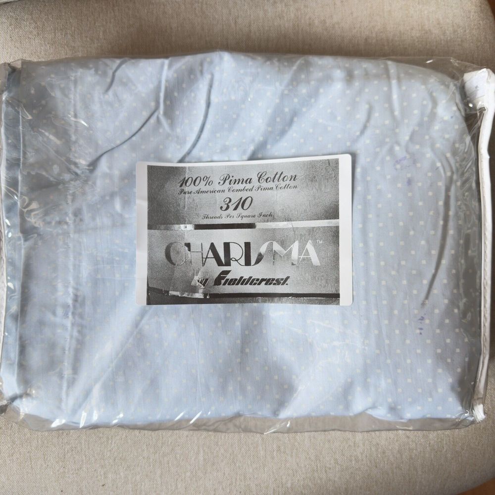 NOS Charisma By Fieldcrest KING Blue & White Classic Dot Bed Skirt Supima Cotton